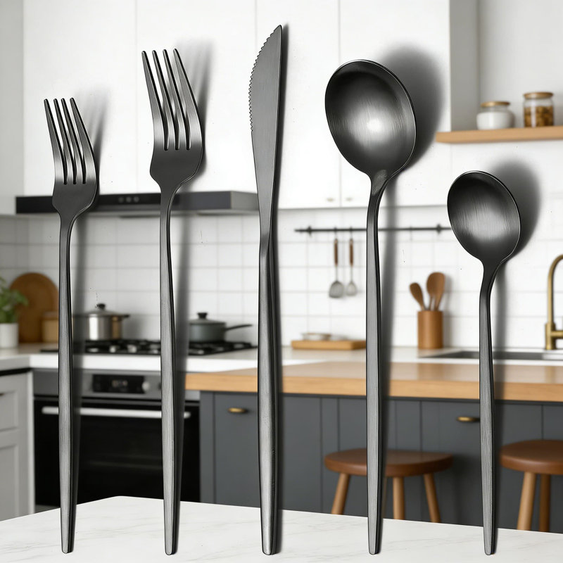 Ensemble de couverts 20 pièces noir mat pour 4, ensemble de couverts en acier inoxydable plaqué titane avec 5 pièces, va au lave-vaisselle