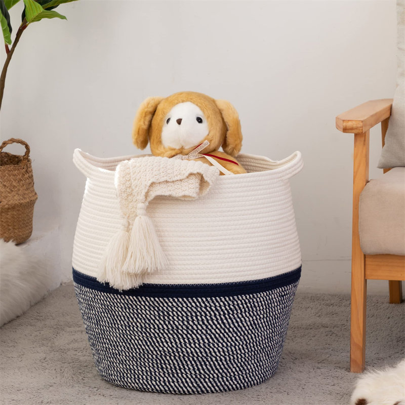 Laundry Basket with Handles, White/Blue