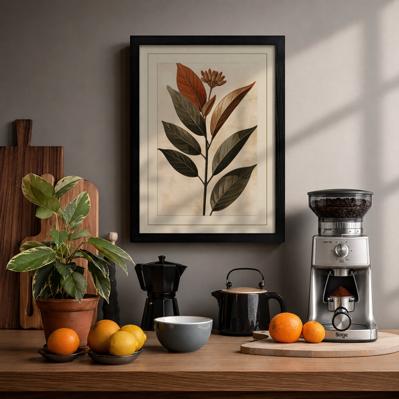 Single Stem Study Botanical - Framed Print, A2 - 59.4 x 42.0 cm, Black