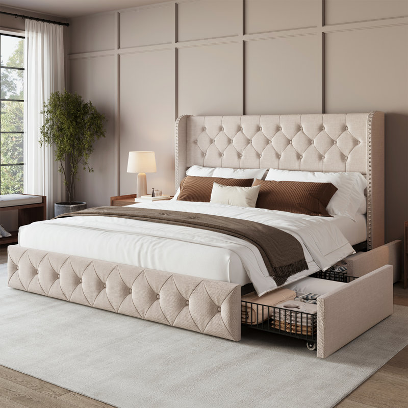 King Upholstered Platform Bed with Storage Drawers, Tufted Bed Frame with Wingback&Headboard, Beige, Beige, King