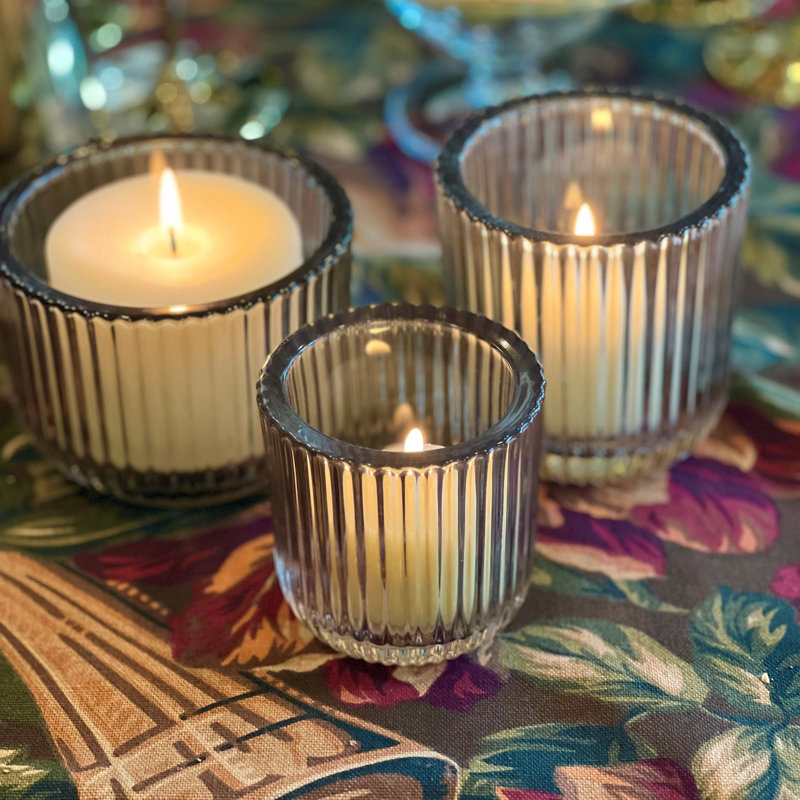 3 Piece Smoke Glass Candle Holder Set, Gray