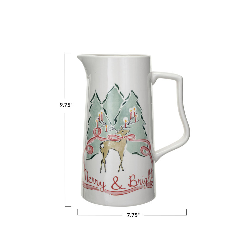 2 Quart Stoneware Pitcher With Reindeer "Merry And Bright"