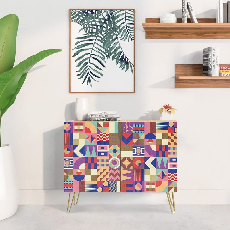 Buffet buffet, armoire de rangement pour cuisine avec 2 portes, motifs de collages en forme de Polygone vibrant, console pour salle à manger L 35 po x l 18 po x H 29 po