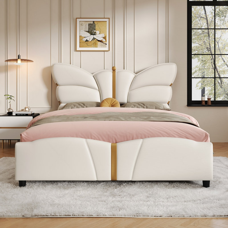 Structure de lit rembourrée en similicuir avec tête de lit en forme de papillon, Beige, Grand