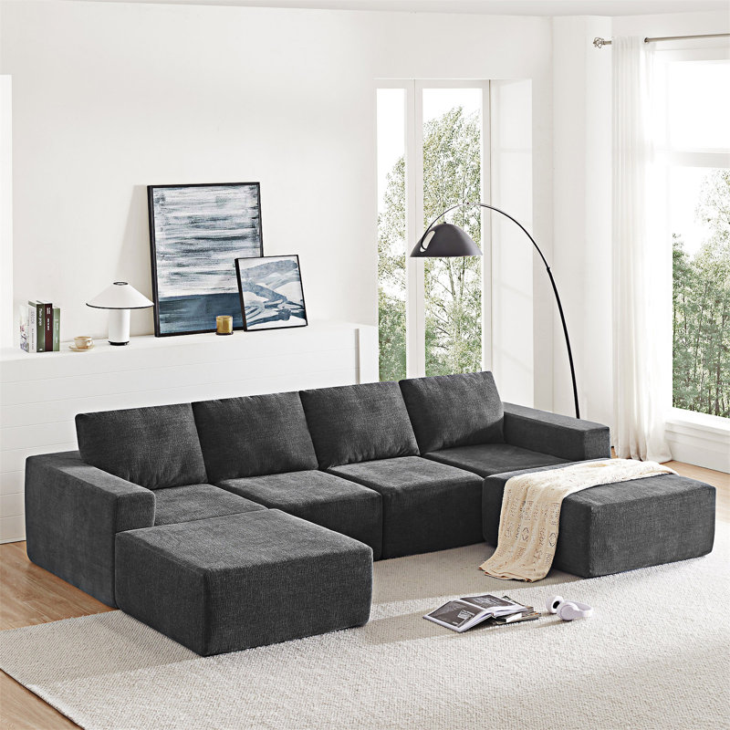 Modular Upholstered Sectional Sofa With Ottomans, Dark Gray Chenille