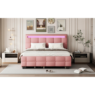 Lit tapissier grand en lin avec 2 tiroirs, lit gigogne simple TG, cadre à DEL rose