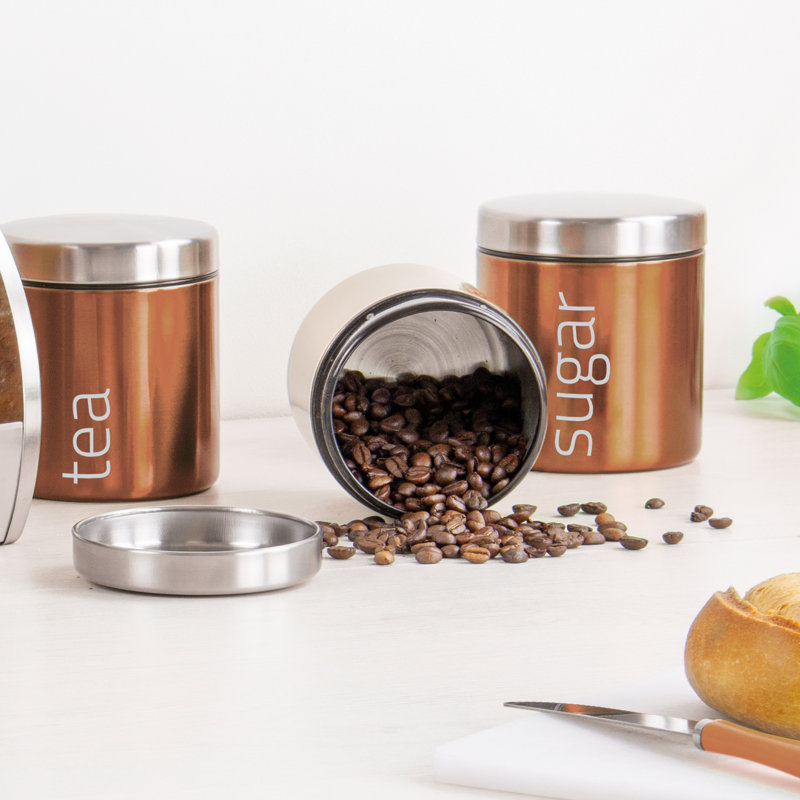 SQ Professional Gem 3 Piece Stainless Steel Coffee, Tea, & Sugar Jar Set, Brown/Rose Gold
