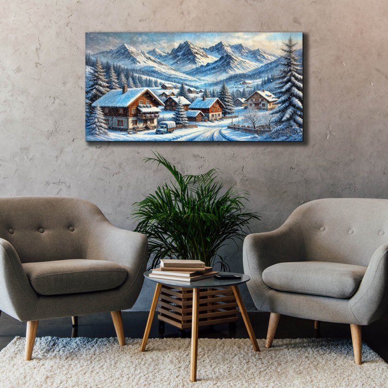 'Alpine Village In Snow Paining' by Rey Klimt Canvas Wall Art, 30" H x 60" W