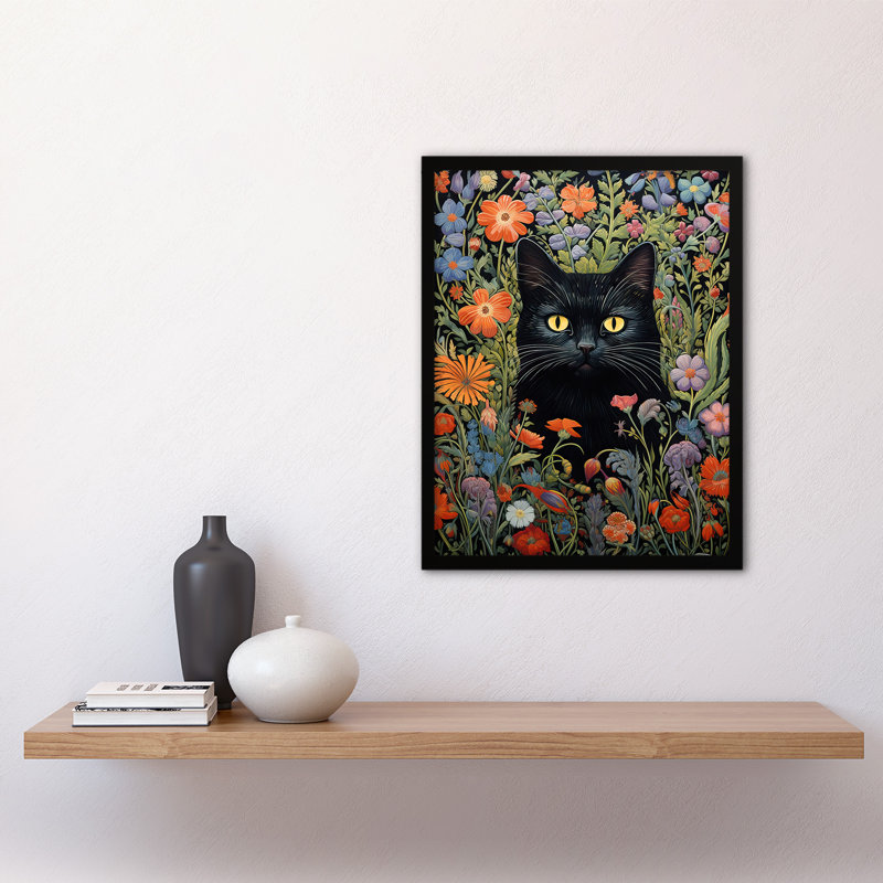 Black Cat In Wildflower Meadow Flowers Floral - Single Picture Frame Print