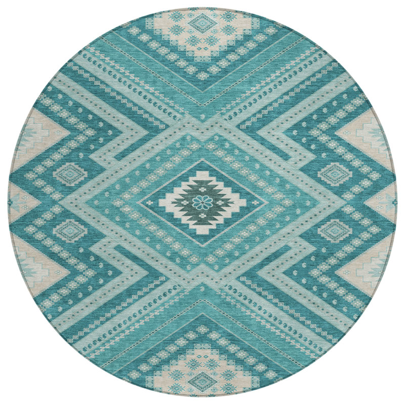Teal Round Synthetic Flat Woven Washable Rug, 8'