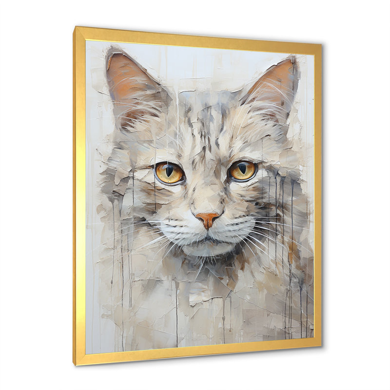 Minimalisme, portrait de chat beige - impressions murales de chat, H 40 po x l 30 po x P 1,5 po, Cadre doré simple