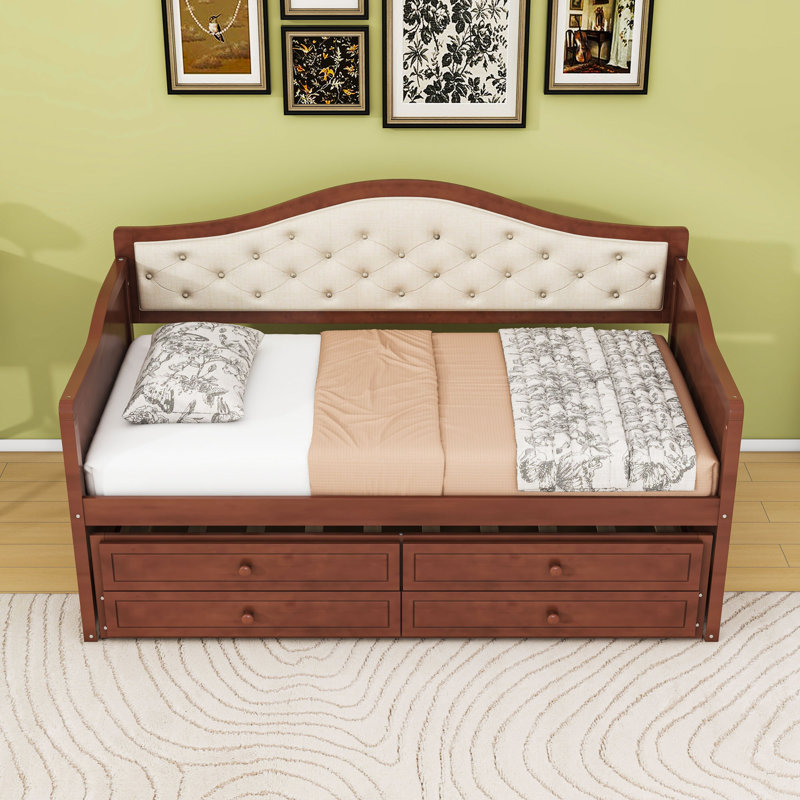 Twin Two Drawers Wooden Daybed with Trundle and Upholstered Backrest, Walnut