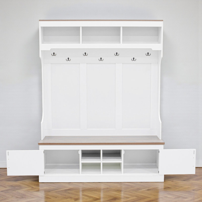 Hall Tree With Bench, Shoe Storage Cabinet & Coat Hooks, Wood, Modern Farmhouse, Entryway, White
