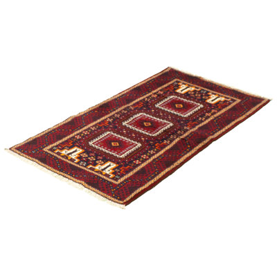 Tapis décoratif en laine rouge à motif de noué à la main New Age de 3 pi 1 po x 6 pi one-of-a-kind Boluwaduro
