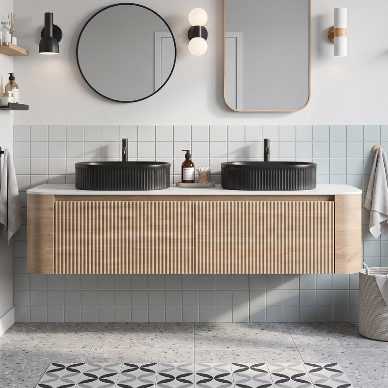 Wall Mounted Single Double Single Vanity Bathroom Vanity With Engineered Marble Top, Chêne