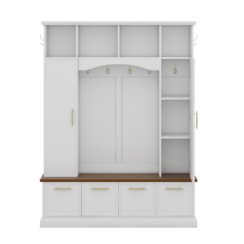 Hall Tree With Golden Hooks And Handles, Practical Entryway Walnut Bench With Adjustable Shelves, Farmhouse Wooden Style Coat And Shoe Rack