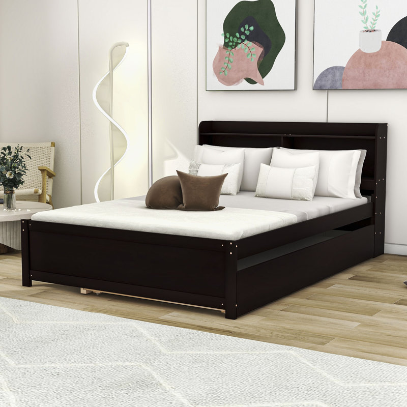 Wooden Platform Bed with Trundle and Shelves, Espresso, Full / Double