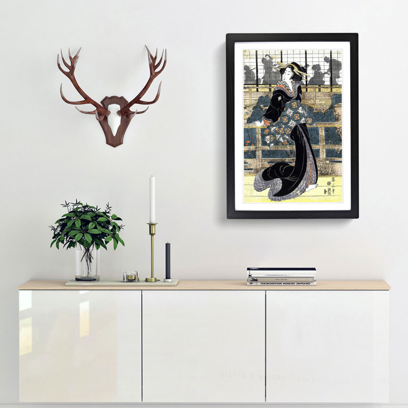 Entertainer by Eizan Kikukawa - Picture Frame Painting Print, Black Framed, 36cm H x 27cm W x 2cm D