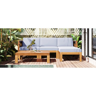Wood 5 Patio Sectional For Outdoor, Gray Cushions, Natural Finish, Comprises 2 Corner Sofas, 1 Armless , , Tea Table Finish &