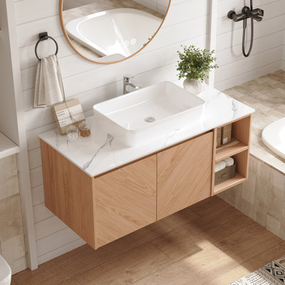 Mid-Century 36" Wall-Mounted Bathroom Vanity, Beige Wood with Sintered Stone Top & Vessel Sink