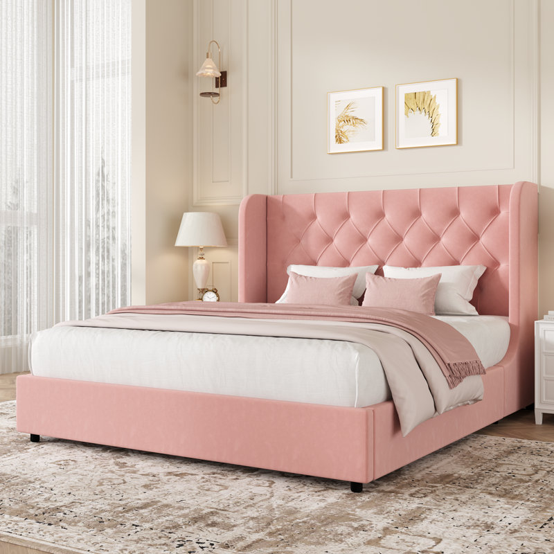 Kewania Bed，Upholstered Platform Bed with Curved Velvet Wingback, Queen, Pink