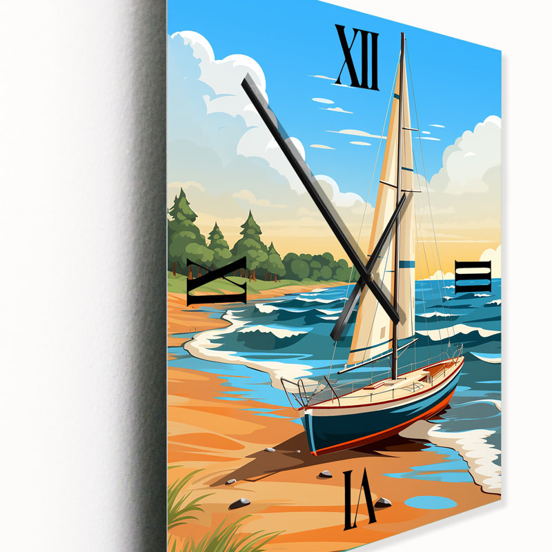 Illustration rétro d'un voilier sur le rivage - Horloge murale surdimensionnée, Très grand