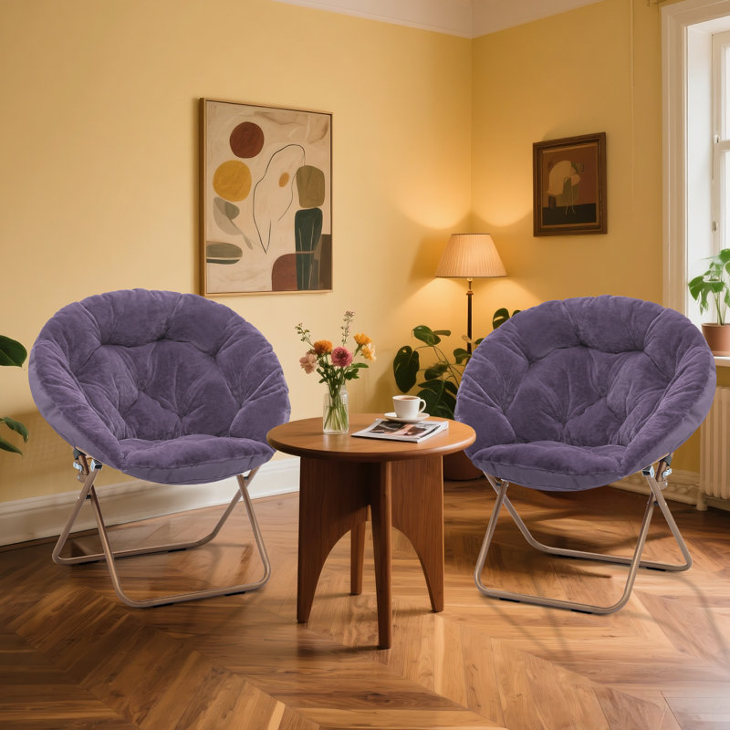 Upholstered Round Saucer Chairs Lounge Chairs, Foldable Papasan Chairs Reading Chairs for Bedroom, Beige Synthetic Fur