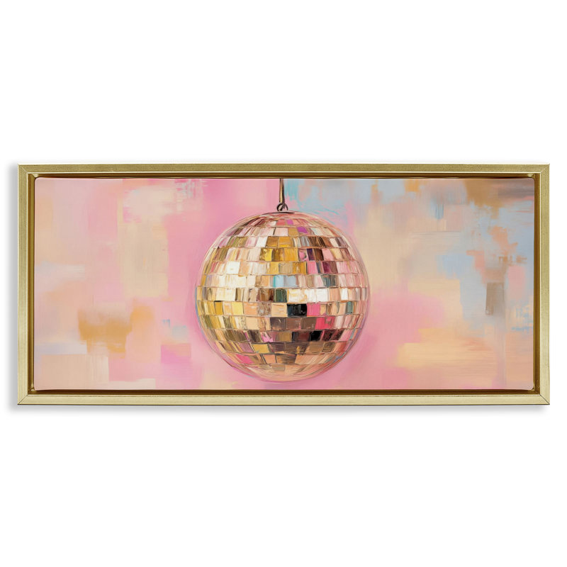 Cadre flottant boule dorée disco, design par Nini Art, H 14 po x l 31 po, Cadre flottant métallique doré