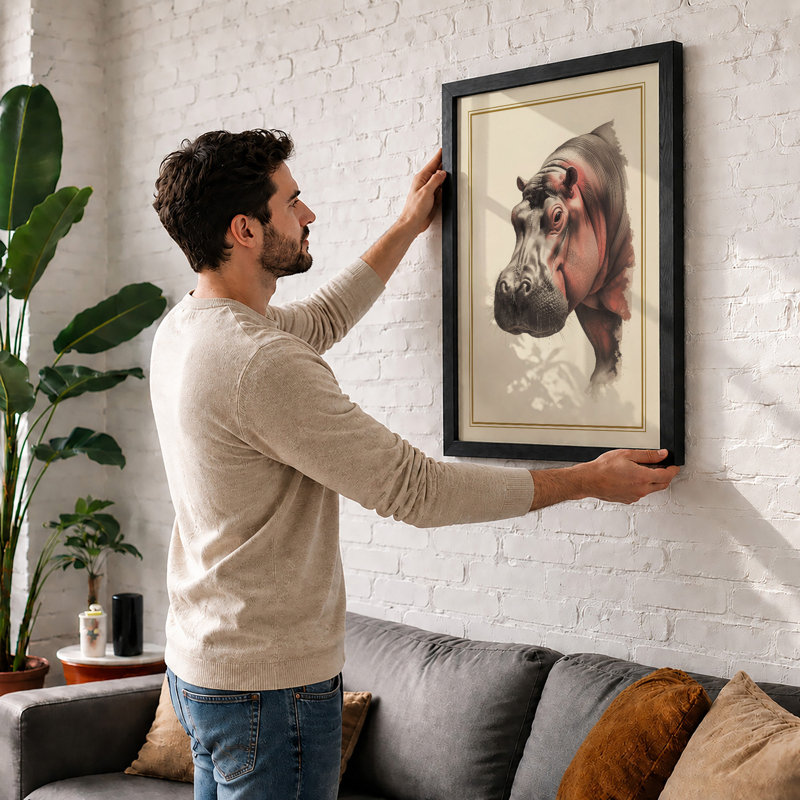 Hippopotamus Study Botanical - Framed Print, A2 - 59.4 x 42.0 cm, Walnut