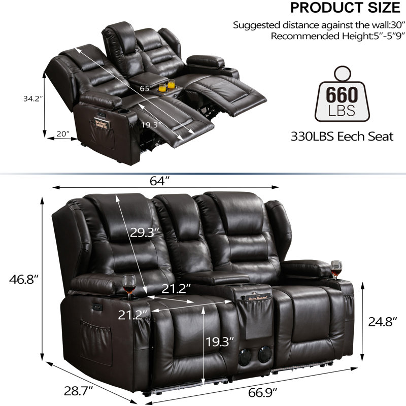 Power Recline Chair Loveseat Rv Sofa With Console, Storage, Usb Charging, Lighting And Cup Holders, Brown Faux Leather