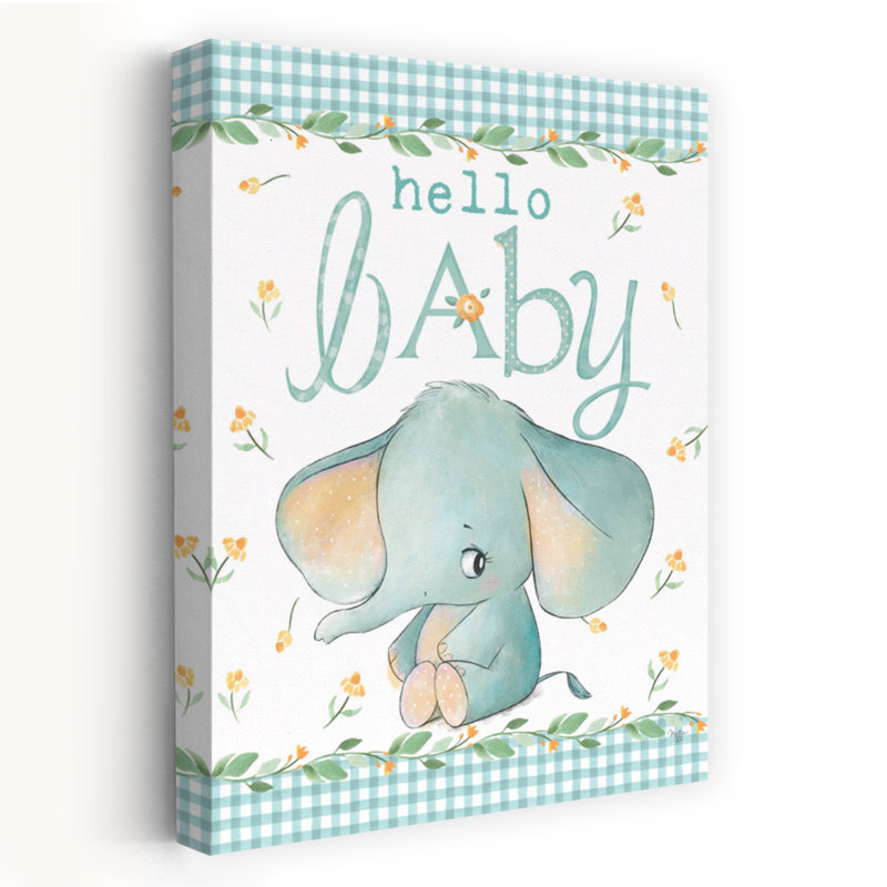 Hello Baby Elephant, art fantaisiste contemporain bleu éléphant, H 60 po x l 40 po