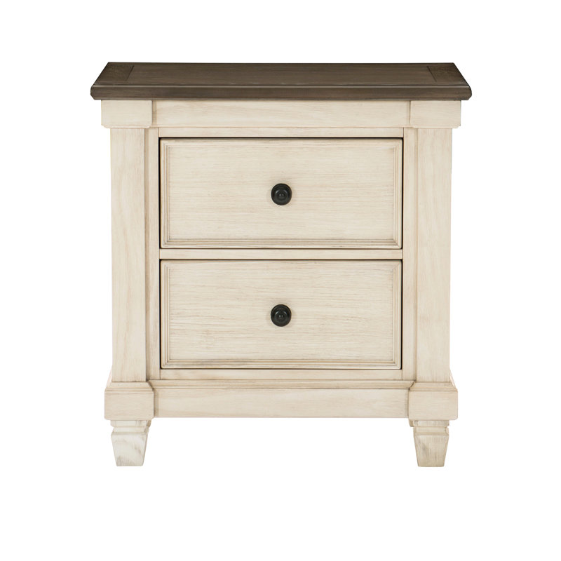 Table de chevet transitionnelle de style rustique 1pc avec 2 tiroirs de mobilier de chambre blanc antique et brun rosé