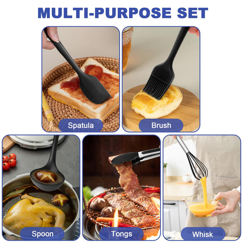 Silicone Kitchen Utensil Set - 12 Piece With Holder,  Black