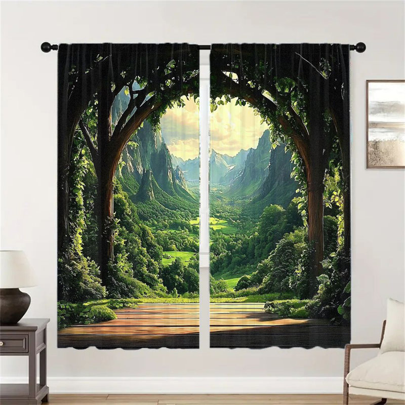 2Pcs Fantasy Forest Landscape Window Curtains Natural Scenery Mountain Valley View  Print Room Darkening Curtain Panels Thermal Insulated Light Blocking Drapes for Living Bedroom Office Home Decor