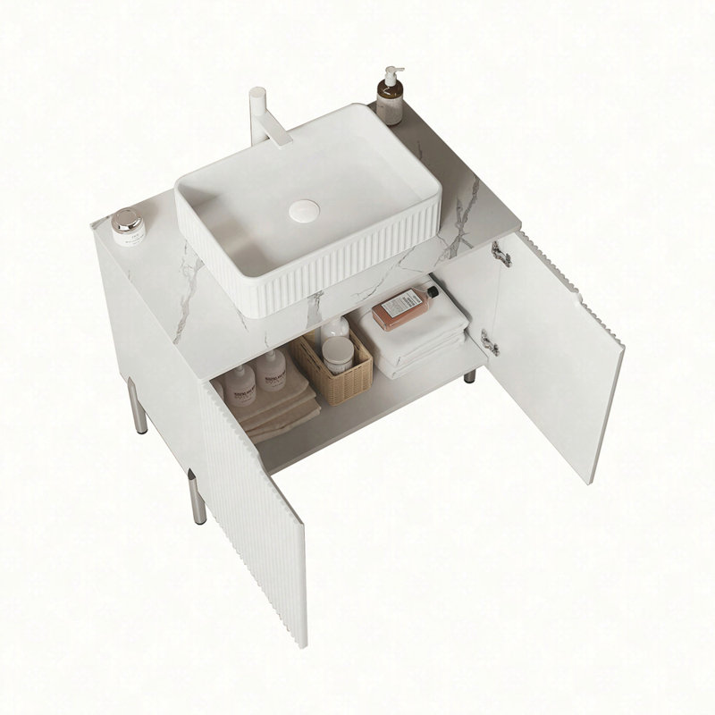 Meuble-lavabo de salle de bain 30 po avec lavabo, armoire de rangement autoportante avec 2 portes, lavabo rectangulaire en céramique blanche et comptoir blanc Carrara