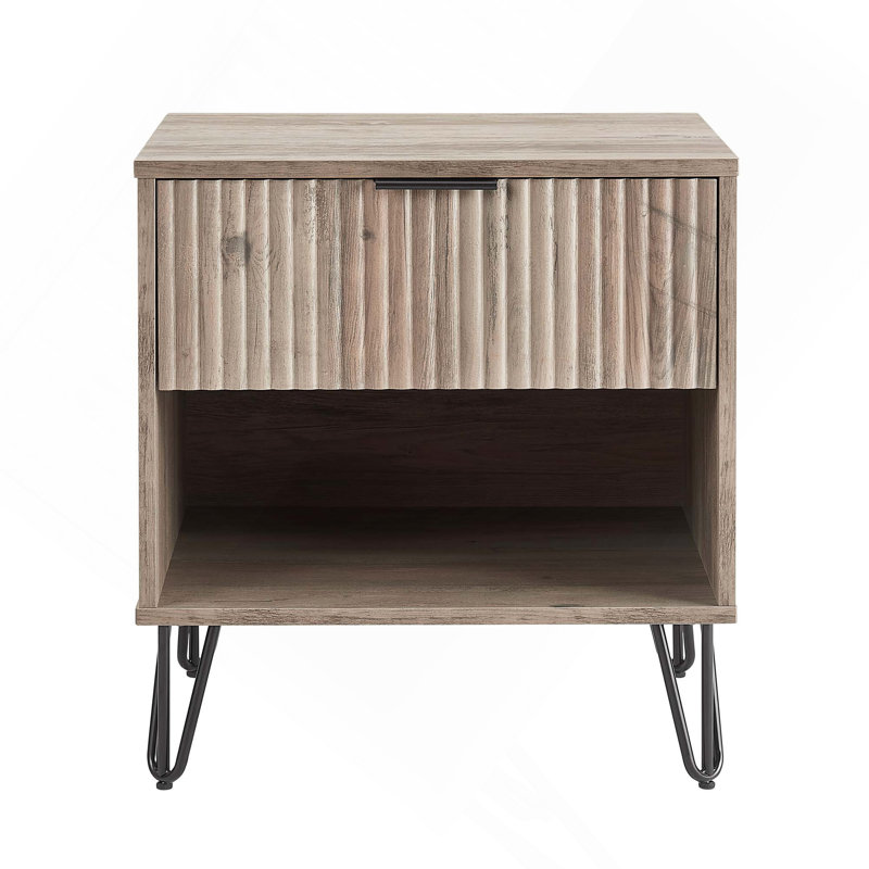 Table de chevet cannelée 20 po à 1 tiroir | Gris rustique et pieds dorés | Idée cadeau, Gris