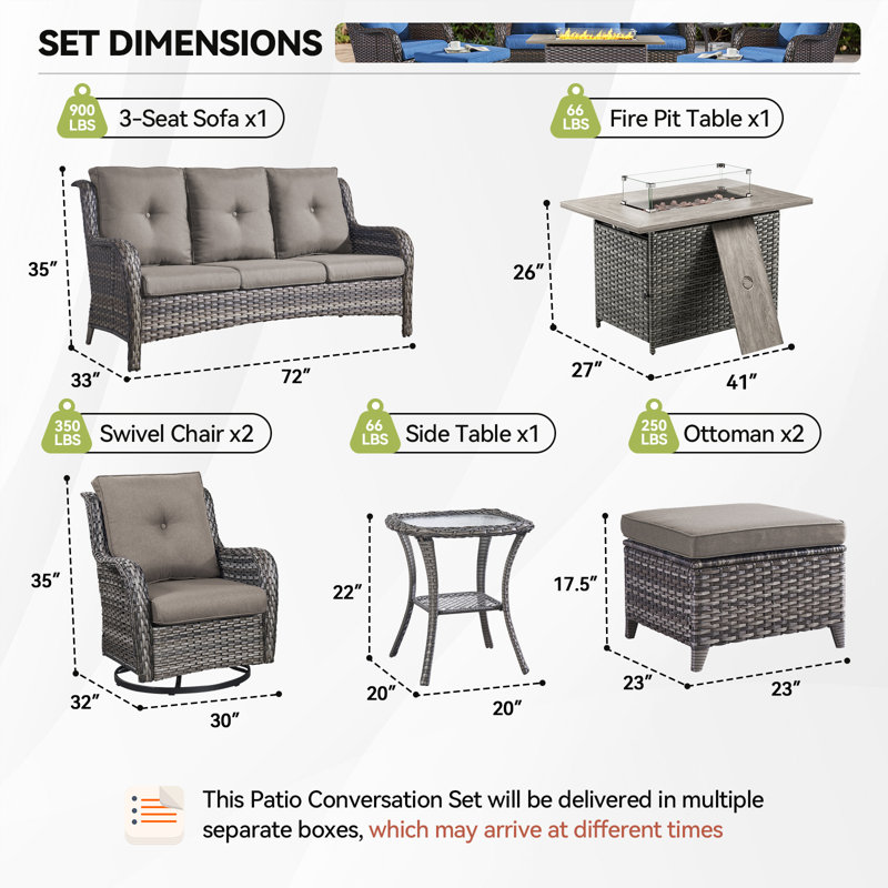 Carolina 7 - Pieces Sofa Seating Group With Fire Pit With Cushions, Gray/Gray