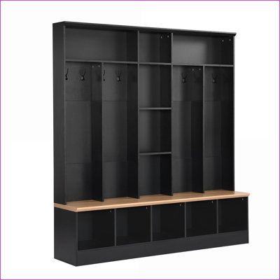 Arbre d'entrée, noir minimaliste 4-en-1 avec banc de rangement, 8 crochets et amp; Rangement cubique | Panneau de particules | Portemanteaux