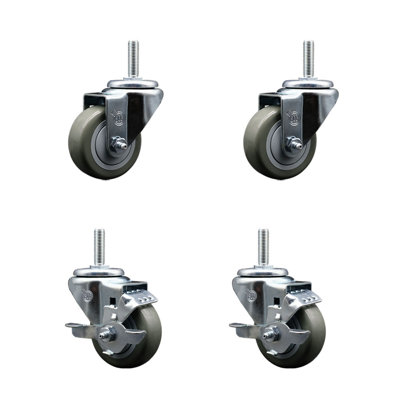 3 Inch Grey Poly Wheel Swivel 3/4 Inch Threaded Stem Caster Set 2 Brakes