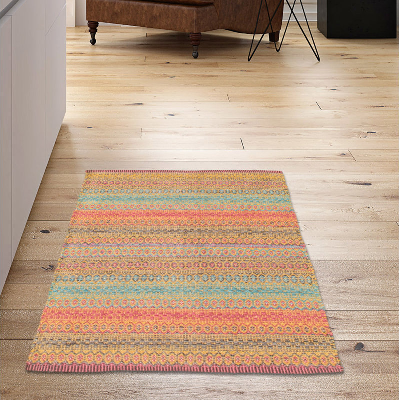 Tapis bleu / rose / jaune à motif géométrique en laine Kilim, Rectangle 5 pi 2 po x 7 pi 10 po