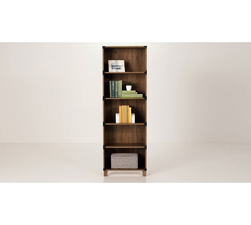 Rustic Oak 5-Shelf Bookcase with Black Metal Brackets