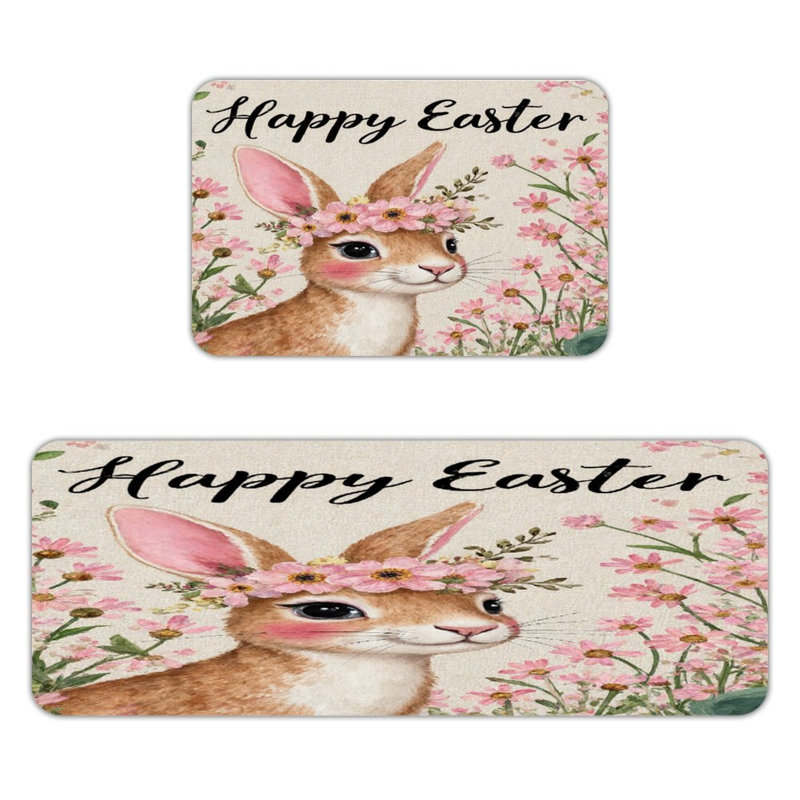 Joyeuses Pâques, ensemble de 2 tapis de cuisine avec tapis de cuisine, Lapin de Pâques avec fleurs beige et brun