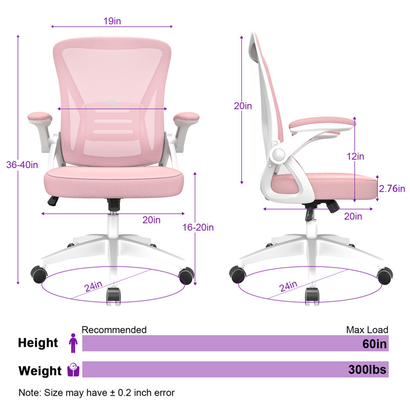 Norlene Ergonomic Breathable Mesh Office Chair With Flip-Up Armrest, Pink