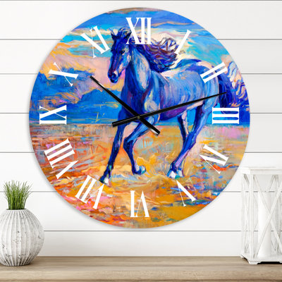 Horloge murale «Blue Horse» au galop au-dessus de la prairie