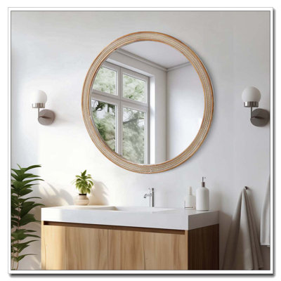 Round Wall Mirror with Woven Rattan