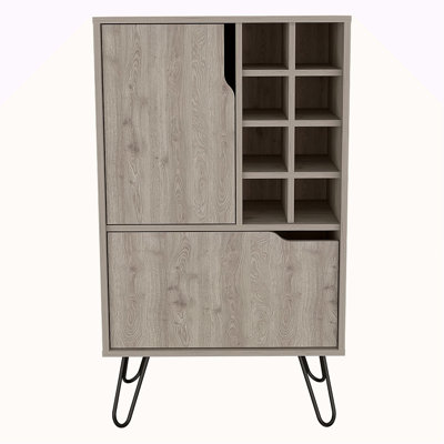 Armoire à porte simple en L, huit porte-bouteilles encastrés, quatre pieds
