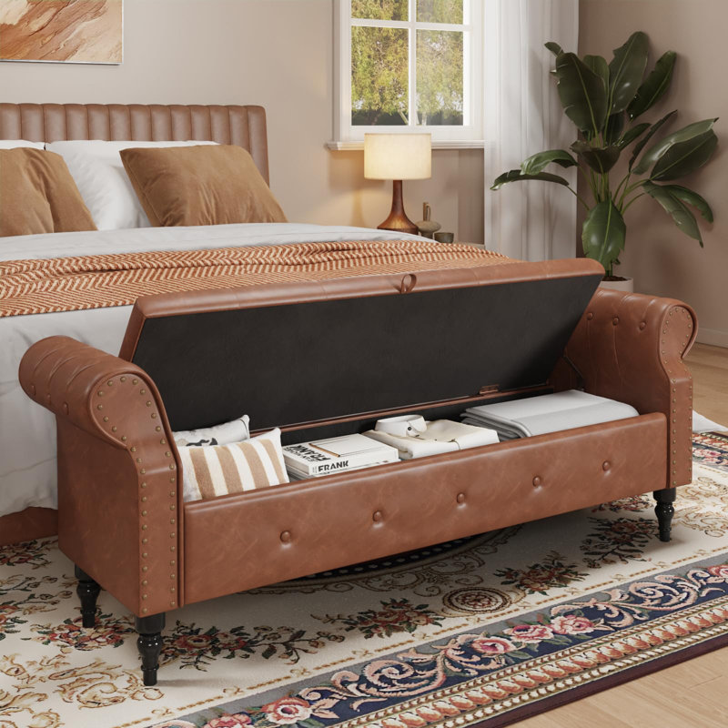  Banc de chambre 65 "avec rangement, bancs de lit en similicuir avec boutons capitonnés, Brun