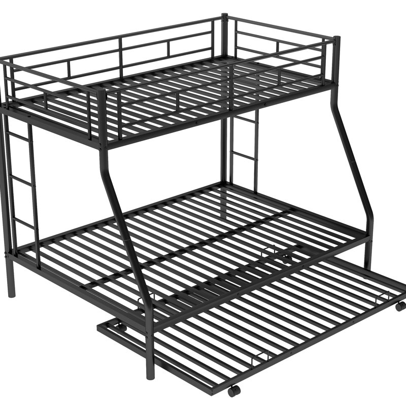 Twin Over Full Bunk Bed With Stable Steel Frame, Size Trundle And Two Ladders, Black Color Metal Mechanical Feature, Ladders