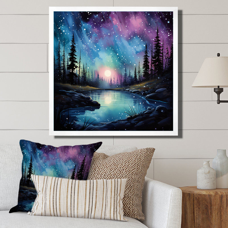 Aurores boréales dansant sur une reproduction sur toile, H 36 po x l 36 po x P 1,5 po, Cadre simple blanc