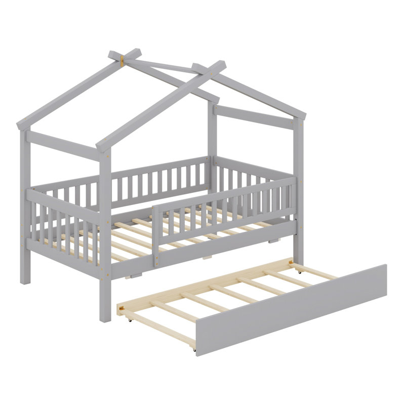 Lit maison avec lit gigogne, parfait pour les chambres partagées, Gris